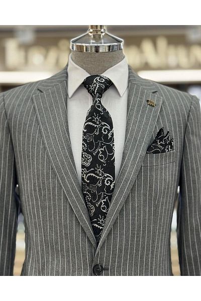 TerziAdemAltun Italian Style Slim Fit Striped Men's Jacket Pants Suit Gray T7192