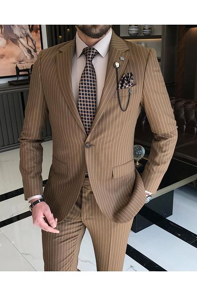 TerziAdemAltun Italian Style Slim Fit Striped Men's Jacket Pants Suit Brown T7193