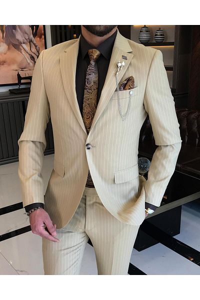 TerziAdemAltun Stil italian Slim Fit cu dungi pentru bărbați, jachetă, pantaloni, costum Camel T8671