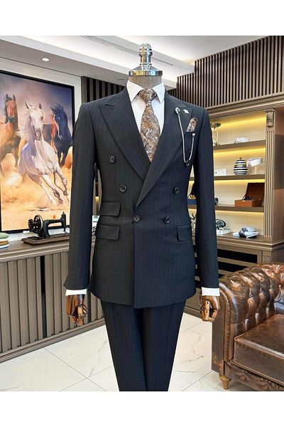 TerziAdemAltun Black Italian Style Plaid Double Breasted Jacket and Pants Set - T11126