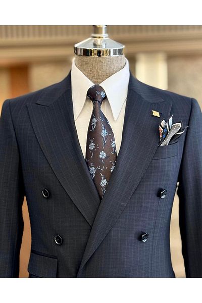 TerziAdemAltun Men's Suit - Italian Style, Double Breasted Plaid, Jacket and Trousers navy blue T11127