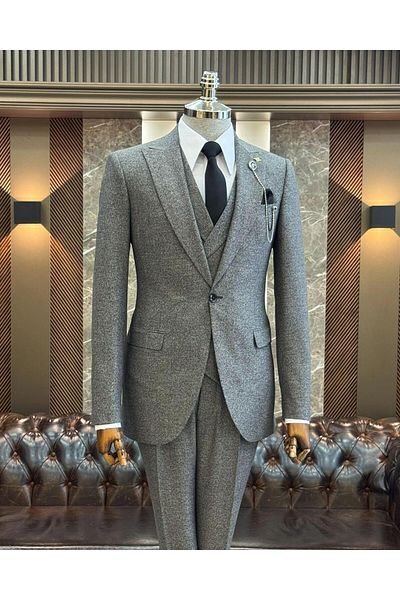 TerziAdemAltun Men's Slim Fit Italian Style Suit - Jacket, Vest, Trousers Brown T11018