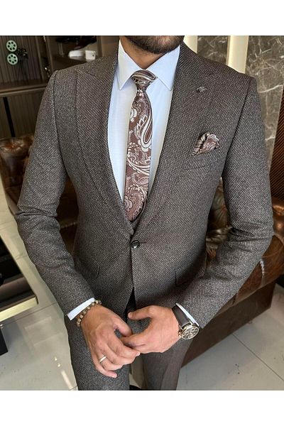 TerziAdemAltun Italian style slim fit jacket vest pants suit brown T10322
