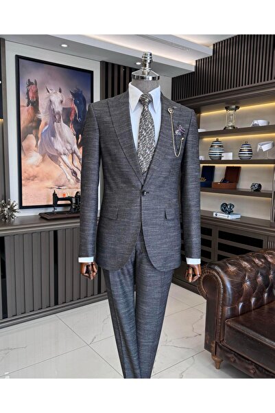 TerziAdemAltun Καφέ Slim Fit ιταλικό κοστούμι - σακάκι, γιλέκο, παντελόνι T10337