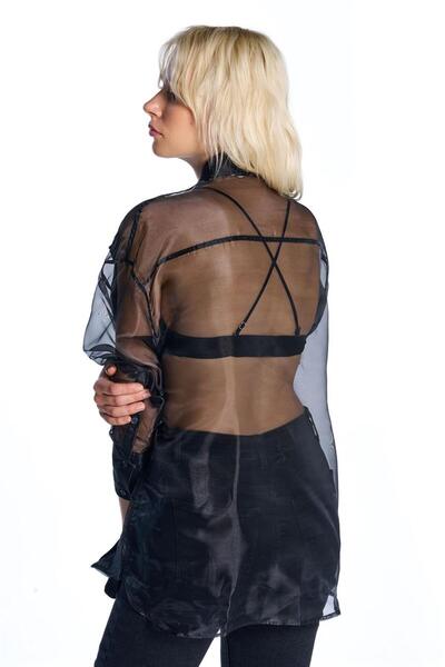 SHERIN Πουκάμισο από Ποπλίνα Μαύρη Οργάντζα