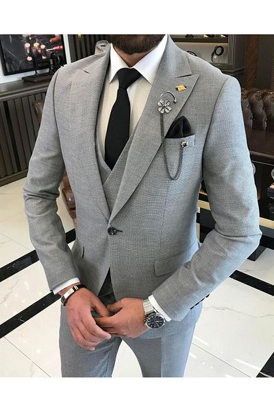 TerziAdemAltun Olasz stílusú slim fit férfi kabát mellény nadrág öltöny szürke T9523