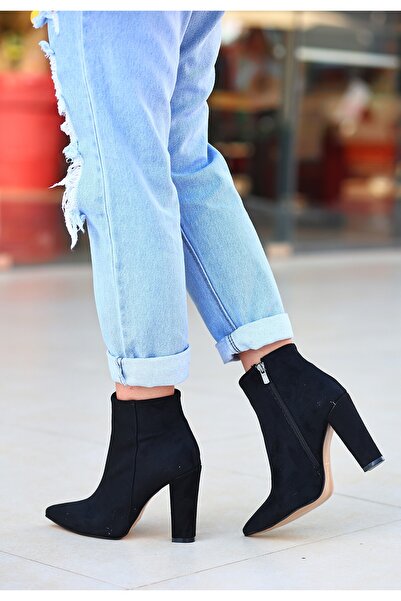 BESKAR Μαύρες σουέτ μπότες Loora με τακούνι