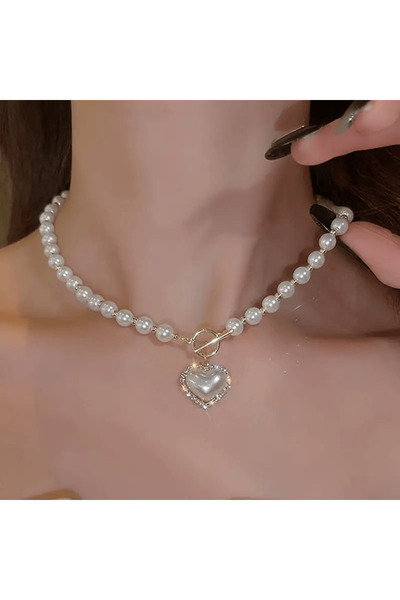 GikaBujiteri İnci Detaylı Kalp Kolye