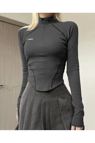 DarkellaStore Μπλούζα με μακρυμάνικο καπνιστό γιακά με φερμουάρ Harajuku Sport