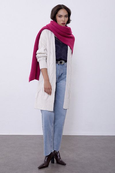 SHERIN Oversize μακριά πλεκτή ζακέτα με ανοιχτό μπεζ πλεκτό τρίχωμα