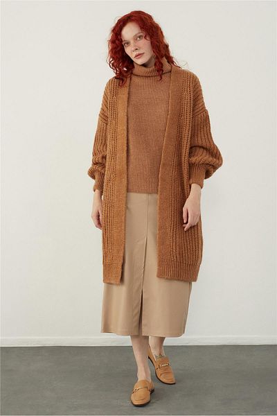 SHERIN Καφέ Oversize Μακρύ Πλεκτό Ζακέτα με ανοιχτή μπροστινή πλευρά