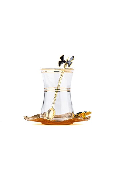 Saray Ottoman handicraft Çay Seti Çay Bardağı Takımı 6 Kişilik Kelebek Siyah