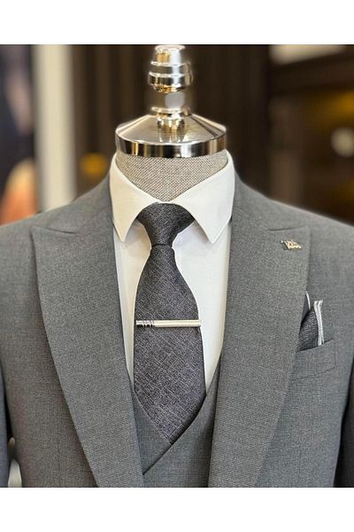 TerziAdemAltun Men's Slim Fit Italian Style Jacket Vest Pants Set - Gray T11686