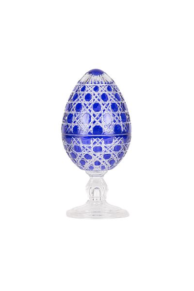 Saray Ottoman handicraft Glass Egg Sugar Bowl Dragee Hand Cut Blue Color
