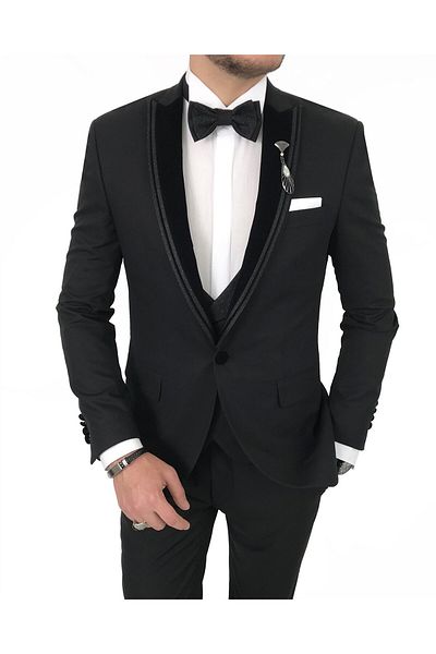 TerziAdemAltun Italian Cut Jacket Vest Pants Groom Suit Set Black T7948