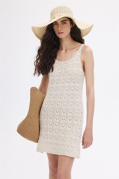 SHERIN Openwork Ecru Knitwear Mini Dress