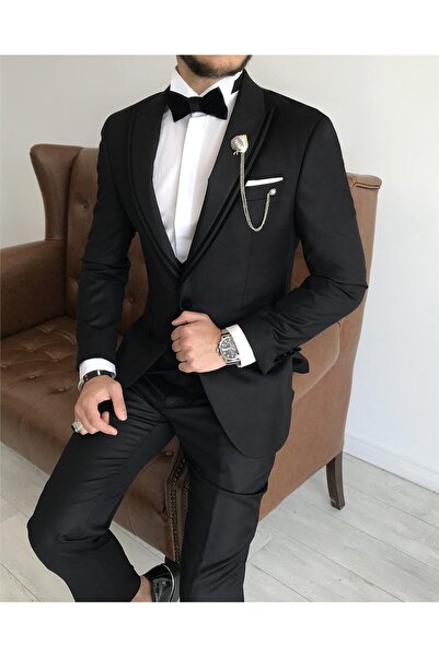 TerziAdemAltun Jachetă italiană tăiată vestă pantaloni set de costume de mire Negru T7878