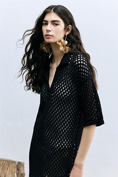 SHERIN Lacivert Ajurlu Polo Yaka Elbise