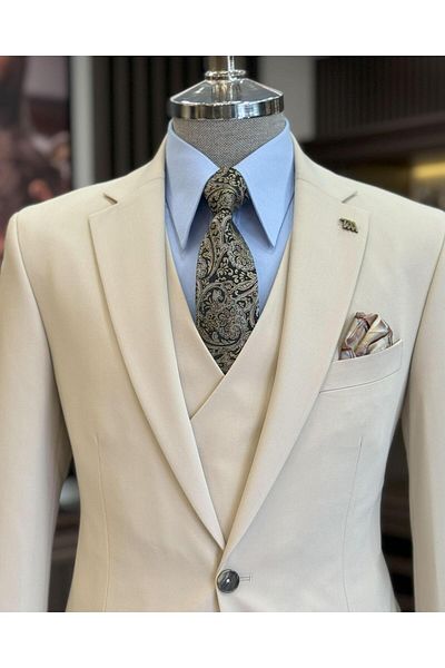 TerziAdemAltun Beige Colored Classic Cut Regular Fit Jacket and Vest Pants Set - T12242
