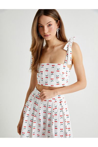 Koton Tuba Unsual - Crop Bustier s třešňovým vzorem s tlustou mašlí a bavlněnými ramínky na zavazování