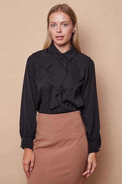 Jument Women's Black Shirt Blouse - Stylish Fabric, Collared Flywheel, Long Sleeve