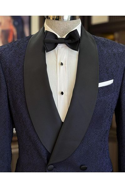 TerziAdemAltun Navy Blue Slim Fit Shawl Collar Double Breasted Jacket and Trousers Set - T12032