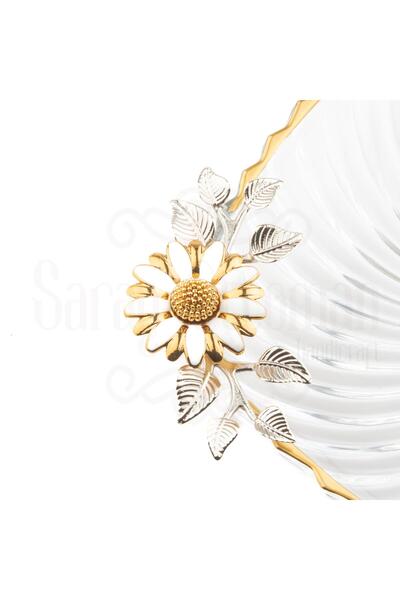 Saray Ottoman handicraft Glass Bowl Serving Bowl White Daisy Glass Square Presentation Gold