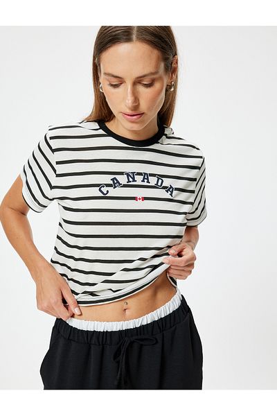 Koton Cotton Crop T-shirt - Κοντό μανίκι, Crew Neck, εμπριμέ