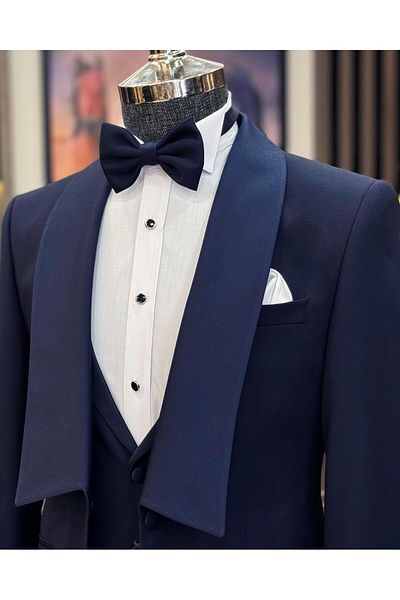 TerziAdemAltun Italian style slim fit shawl collar jacket vest pants groom suit set navy blue T11618
