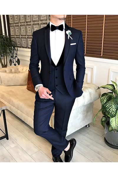 TerziAdemAltun Italian Cut Jacket Vest Trousers Dobby Groom Suit Set Navy Blue T4548