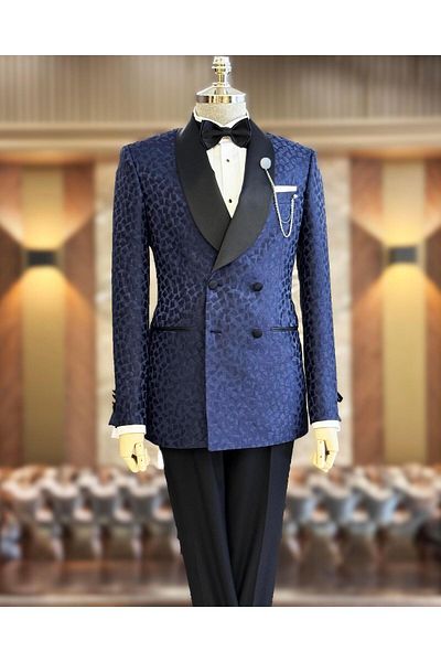 TerziAdemAltun Navy Blue Slim Fit Shawl Collar Double Breasted Jacket and Pants Set - T11796