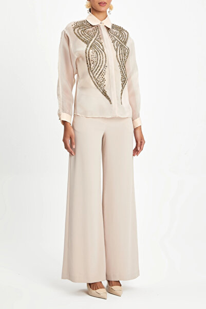 SERPİL Şifon Uzun Kollu Altın Işlemeli Şık Bej Gömlek 39901