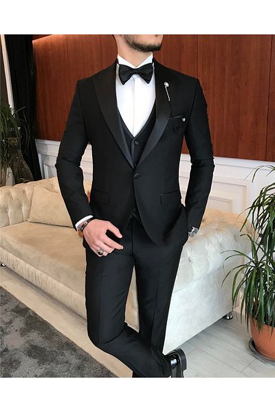 TerziAdemAltun Italian Cut Men's Jacket Vest Pants Groom Suit Set Black T7062