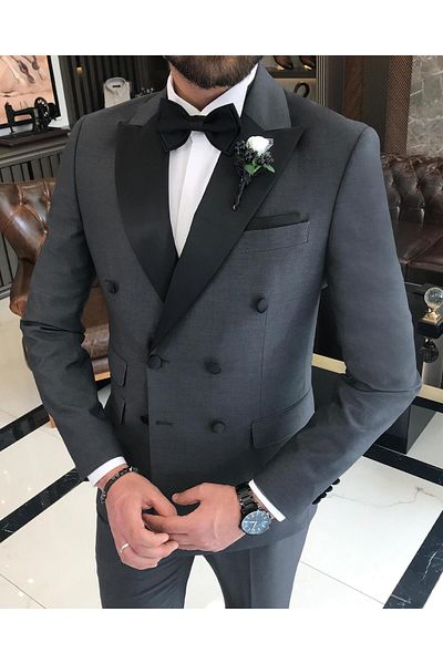 TerziAdemAltun Italian Cut Slim Fit Double Breasted Jacket Trousers Groom Suit Set Anthracite T9217