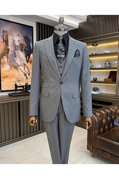 TerziAdemAltun Γκρι Σετ ιταλικού στυλ Slim Fit Jacket γιλέκο και παντελόνι - T11397