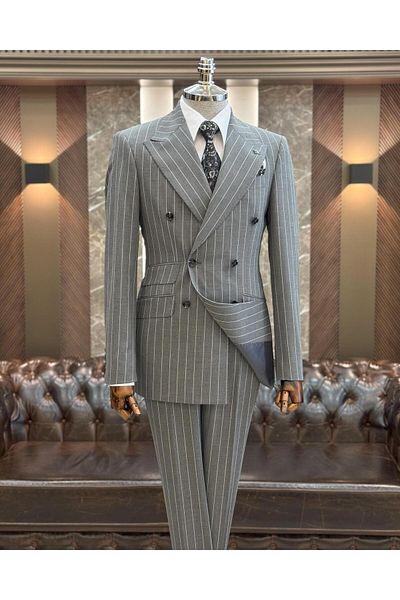 TerziAdemAltun Gray Italian Style Slim Fit Striped Double Breasted Jacket and Pants Set - T11940