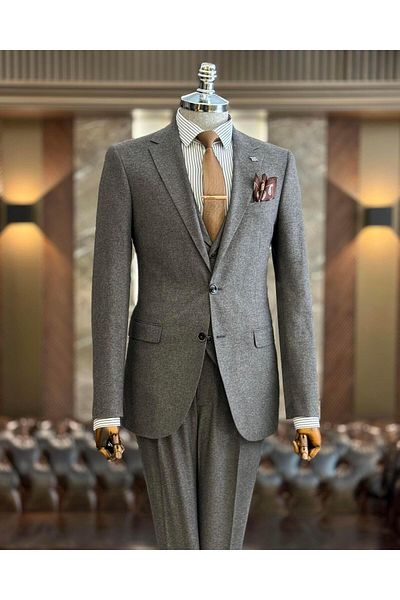 TerziAdemAltun Brown Italian Style Pleated Jacket and Vest Set - T11330