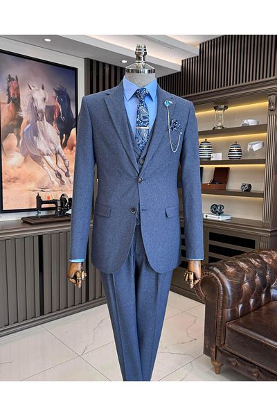 TerziAdemAltun Blue Italian Style Jacket Vest and Pleated Pants Set - T11331
