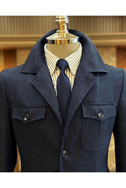 TerziAdemAltun italyan stil slim fit  safari ceket pantolon takım elbise lacivert T11961