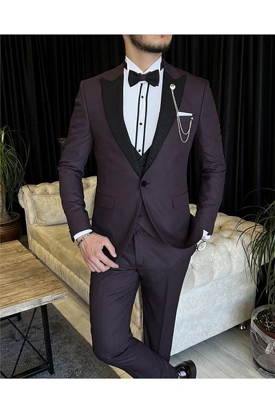 TerziAdemAltun Italian Cut Jacket Vest Trousers Groom Suit Set Claret Red T7467