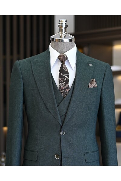 TerziAdemAltun Green Italian Style Jacket and Vest Set - Pleated Trousers T11310