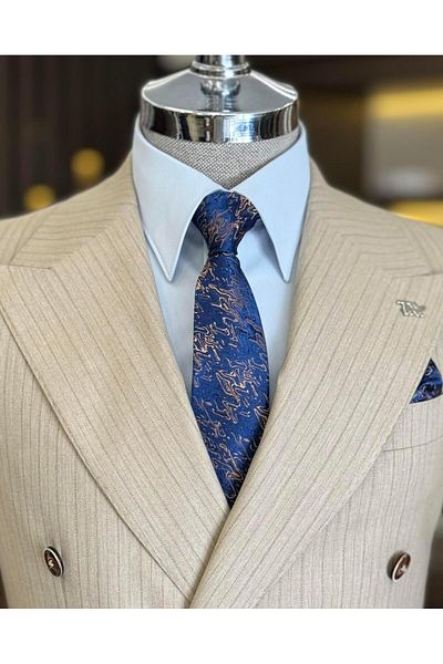 TerziAdemAltun Σετ μπουφάν και παντελόνι Camel Slim Fit ριγέ - ιταλικό στυλ T11833