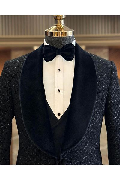 TerziAdemAltun Black Slim Fit Shawl Collar Jacket and Vest Pants Set - T12569