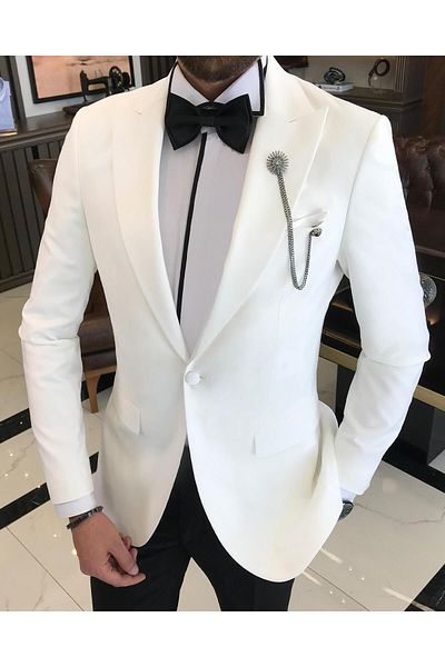 TerziAdemAltun Italian Cut Slim Fit Pointed Collar Jacket Trousers Groom Suit Set White T9194