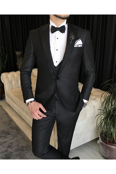 TerziAdemAltun Black Italian Cut Groom Suit Jacket and Vest Set - T7466