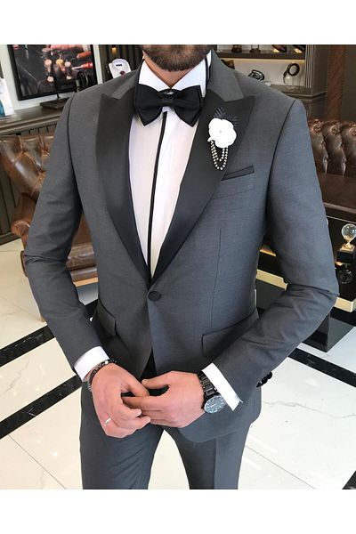 TerziAdemAltun Italian Cut Slim Fit Pointed Collar Jacket Trousers Groom Suit Set Anthracite T9190