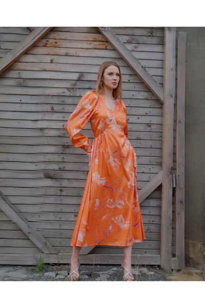 SERPİL V Yaka Çiçek Desenli Uzun Kol Turuncu Elbise 39639