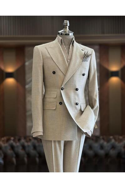 TerziAdemAltun Ανδρικό παντελόνι με διπλό σακάκι ιταλικού στυλ slim fit μπεζ ...
