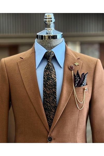 TerziAdemAltun Brown Italian Style Slim Fit Men's Jacket and Trousers Set - T12711
