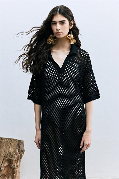 SHERIN Lacivert Ajurlu Polo Yaka Elbise